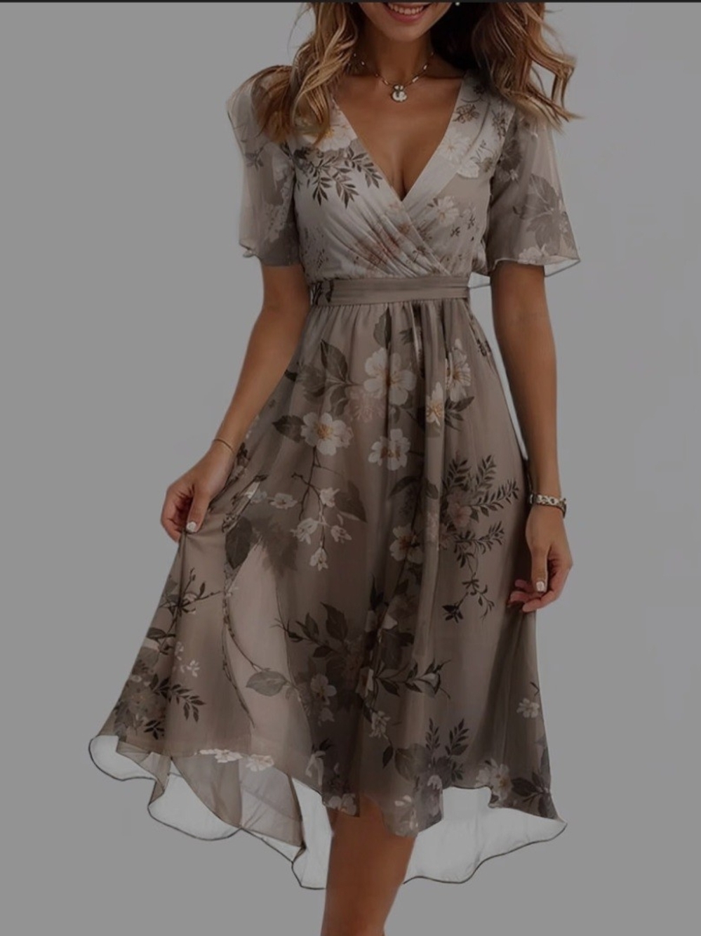 Floral V-Neck Midi Dress in Taupe